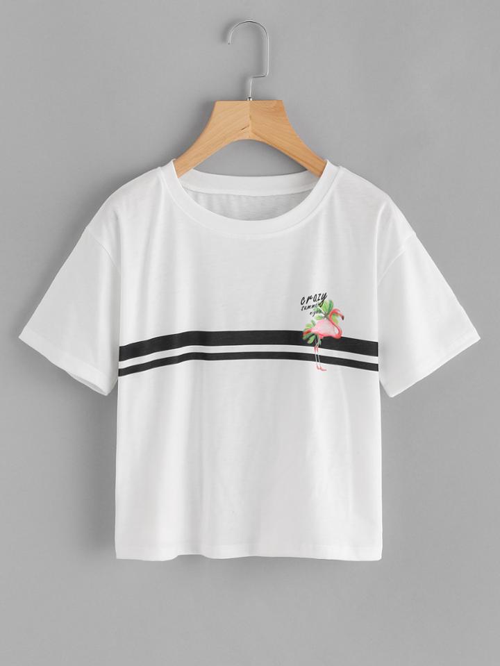 Romwe Flamingo Pint Striped Trim Tee