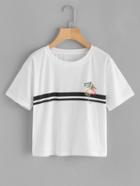 Romwe Flamingo Pint Striped Trim Tee