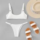 Romwe Scoop Neckline Top With String Textured Bikini Set