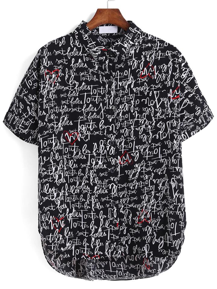 Romwe Lapel Letter Print Black Blouse