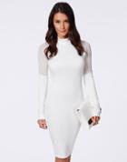 Romwe Mesh Panel Stand Collar Slim White Dress