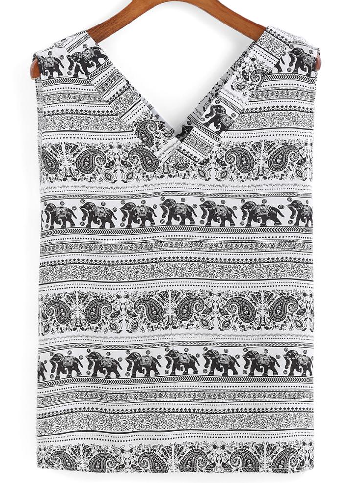 Romwe V Neck Elephant Print Tank Top