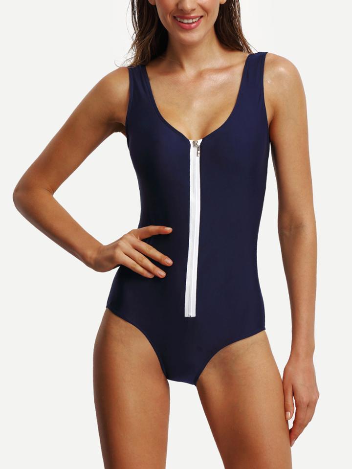 Romwe Contrast Zipper Front One-piece Swimwear