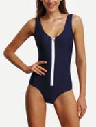 Romwe Contrast Zipper Front One-piece Swimwear