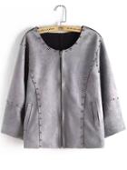 Romwe Round Neck Rivets Zipper Suede Grey Coat