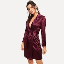 Romwe Deep V Neck Belted Satin Dress