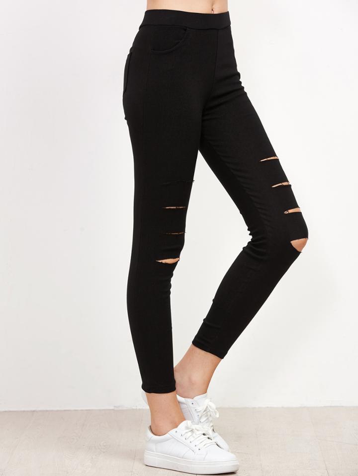 Romwe Black Ripped Skinny Leggings With Pocket