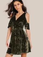 Romwe Open Shoulder Flutter Sleeve Surplice Front Velvet Dress