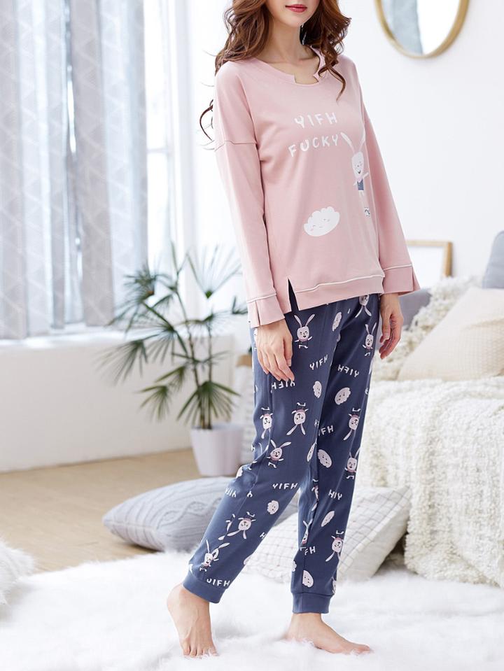 Romwe Cartoon Print Slit Hem Pullover & Pants Pj Set