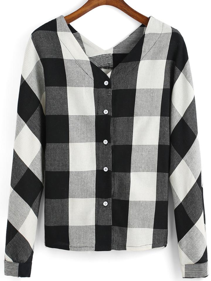 Romwe V Neck Plaid Buttons Black Blouse