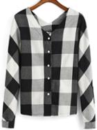Romwe V Neck Plaid Buttons Black Blouse