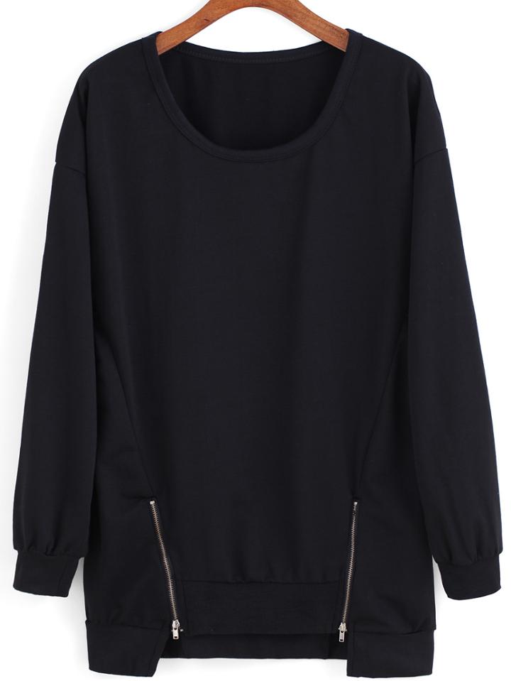 Romwe Round Neck Zipper Loose Sweatshirt