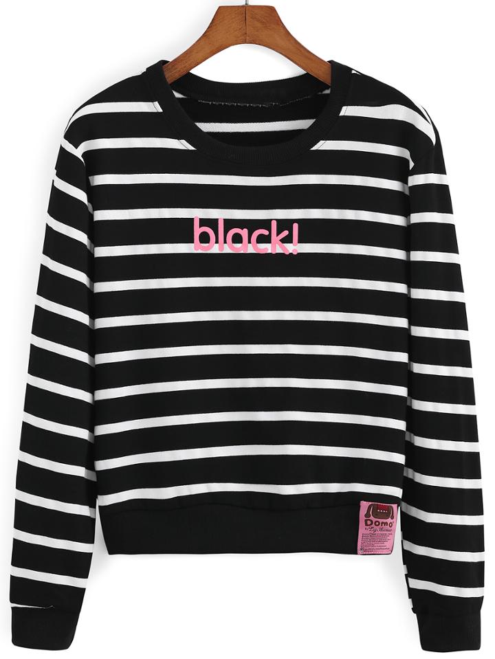 Romwe Striped Letter Print Black Sweatshirt