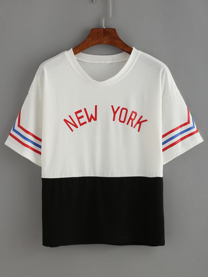 Romwe Contrast Black Striped Trim Letters Print T-shirt