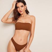 Romwe Ribbed Lace-up Bandeau With High Cut Bikini Set
