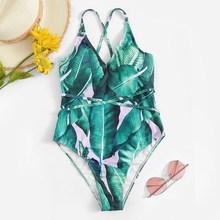 Romwe Random Palm Print Criss Cross One Piece Swim
