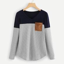 Romwe Pocket Patch Striped Ribbed Top