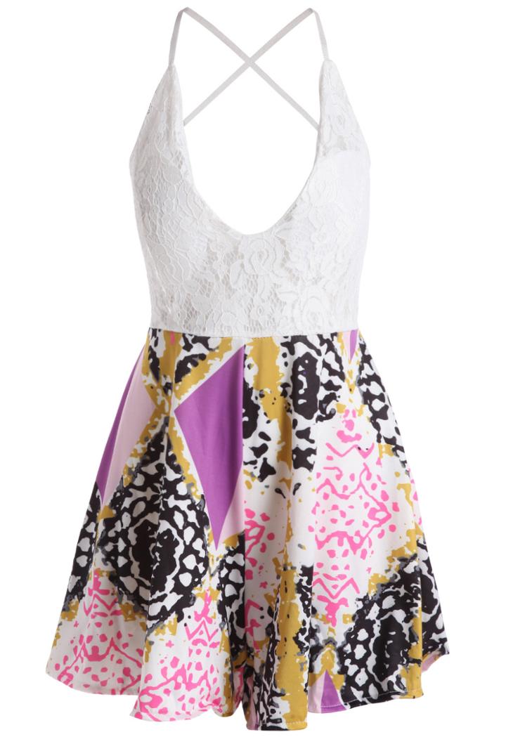 Romwe White Crochet Abstract Boho Print Playsuit