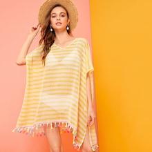 Romwe Striped Fringe Trim Sheer Cover Up