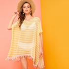 Romwe Striped Fringe Trim Sheer Cover Up
