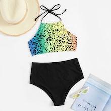 Romwe Leopard Gradient Halter Top With High Waist Bikini