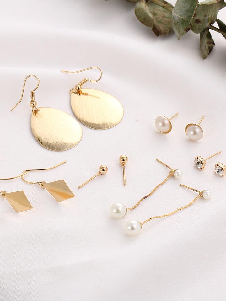 Romwe Faux Pearl Geometric Stud And Drop Earring Set