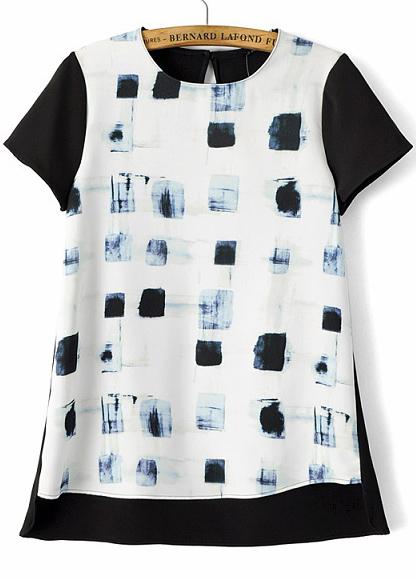 Romwe Color-block Dip Hem Geometric Print Blouse