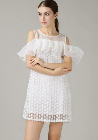 Romwe Open Shoulder Ruffle Embroidered Organza Dress