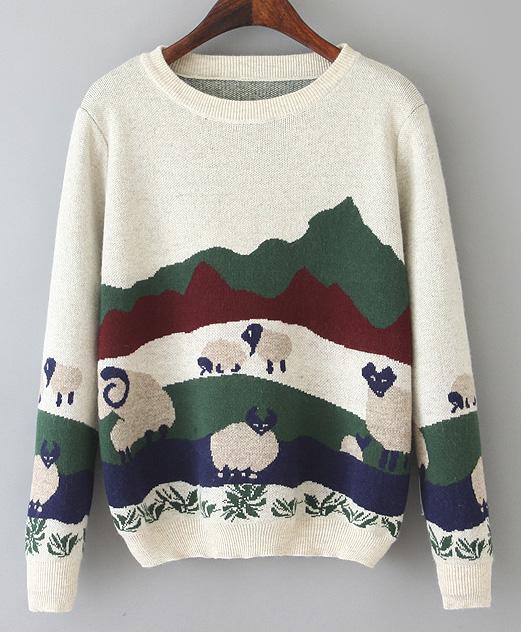 Romwe Sheep Print Loose White Sweater