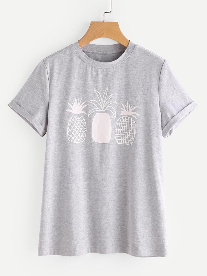 Romwe Pineapple Print Roll Cuff Tee