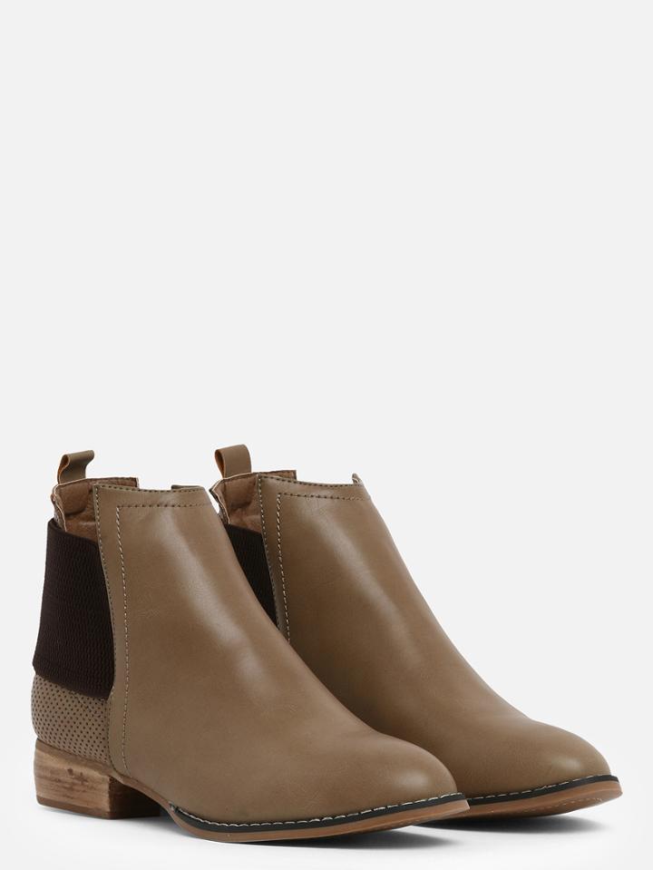 Romwe Brown Round Toe Elastic Pu Boots