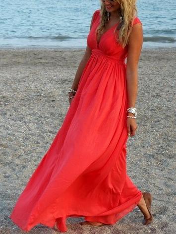 Romwe Red Deep V Neck Sleeveless Maxi Dress