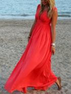 Romwe Red Deep V Neck Sleeveless Maxi Dress