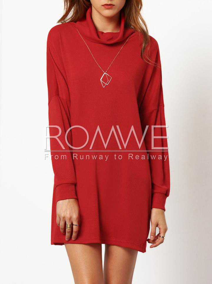 Romwe Red High Neck Dropped Shoulder Seam Dress