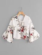 Romwe Trumpet Sleeve Floral Print Lace Up Pleated Blouse