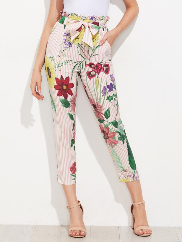 Romwe Ruffle Waist Self Belt Mixed Print Pants