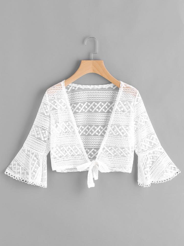 Romwe Fluted Sleeve Knot Open Front Lace Top