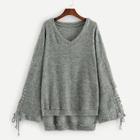 Romwe Grommet Lace Up Sleeve Stepped Hem Sweater