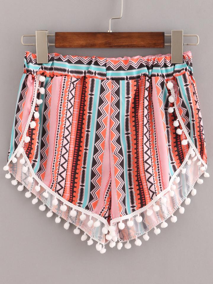 Romwe Multicolor Elastic Waist Print Pom Pom Shorts