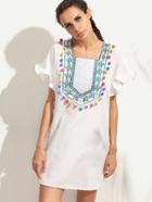 Romwe White Ruffled Pom Pom Trim Embroidered Dress