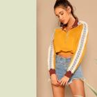 Romwe Frayed Embroidered Tape Detail Zip Front Pullover
