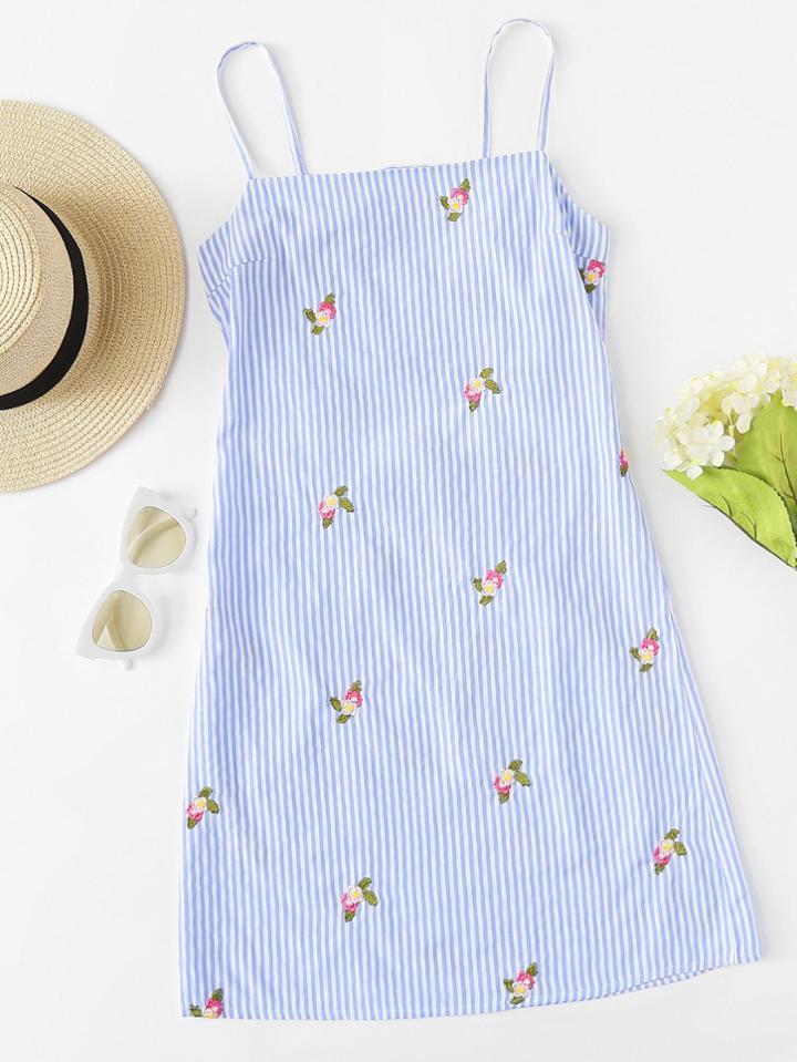 Romwe Floral Embroidered Cut Out Back Cami Dress