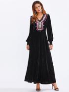 Romwe Pom Pom Embroidered Yoke Shirred Cuff Velvet Dress