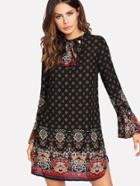 Romwe Ruffle Cuff Tied Neck Dress