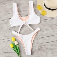 Romwe Ribbed Knot Front Top With High Cut Bikini