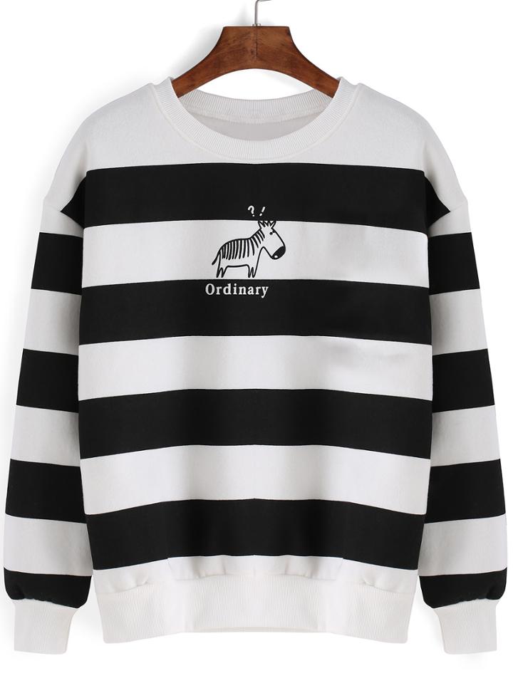 Romwe Striped Thicken Black Sweatshirt