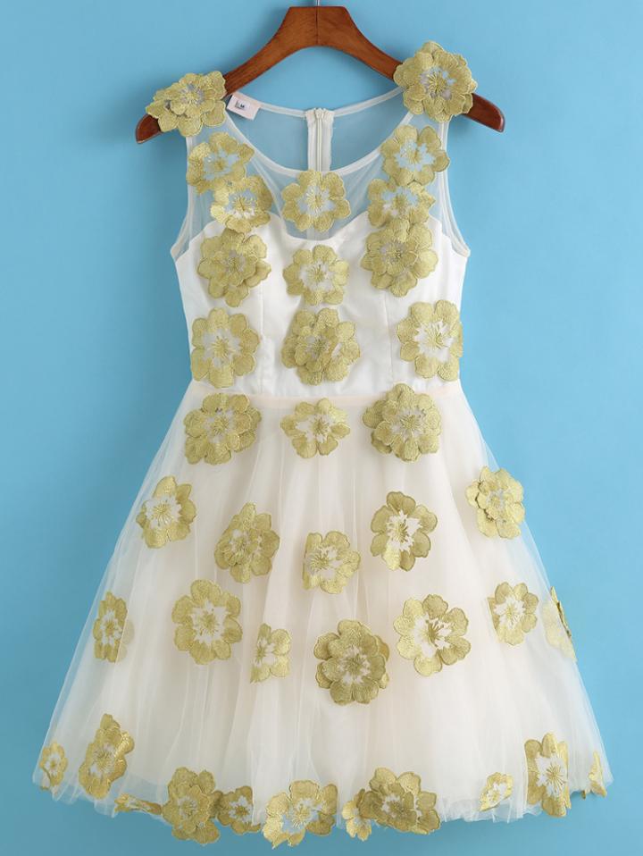 Romwe Applique Embroidered Flare Dress