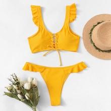 Romwe Ruffle Lace-up Plain Bikini Set
