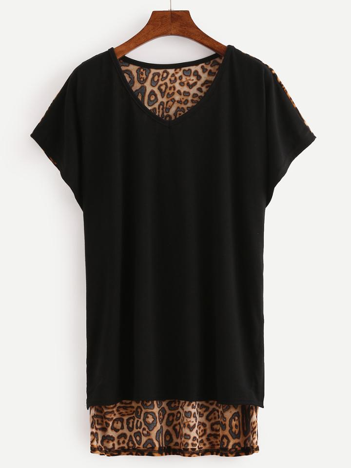Romwe V Neck Leopard Dip Hem T-shirt