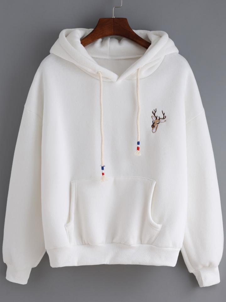 Romwe Hooded Drawstring Deer Embroidered White Sweatshirt